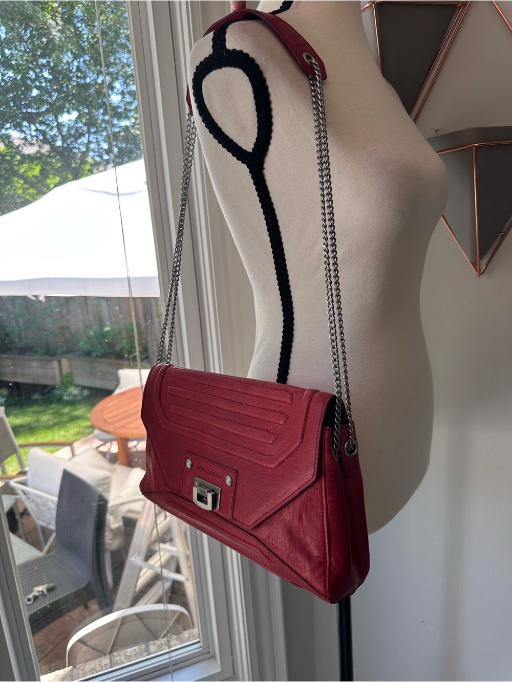 BCBGMAXAZRIA BCBG Y2K Vintage Red Leather Shoulder Bag Purse Flap Chain Strap